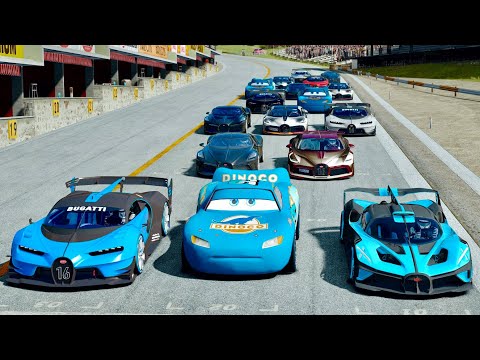 Lightning McQueen Dinoco vs Bugatti Hypercars - Drag Race 20 KM