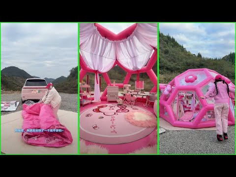 Immersive tram camping 🚗 Girls spend the night in a fully transparent AI tent