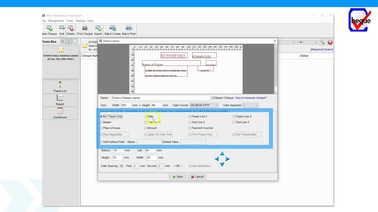 Create Cheque Layout in ChequeSystem software