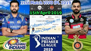 MI vs RCB Dream11 Team | 15th march 2019 | 31st match | vivo ipl 2019