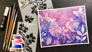 WATERCOLOR Negative Painting 💜 Floral Butterflies (Using Stencils) - 437
