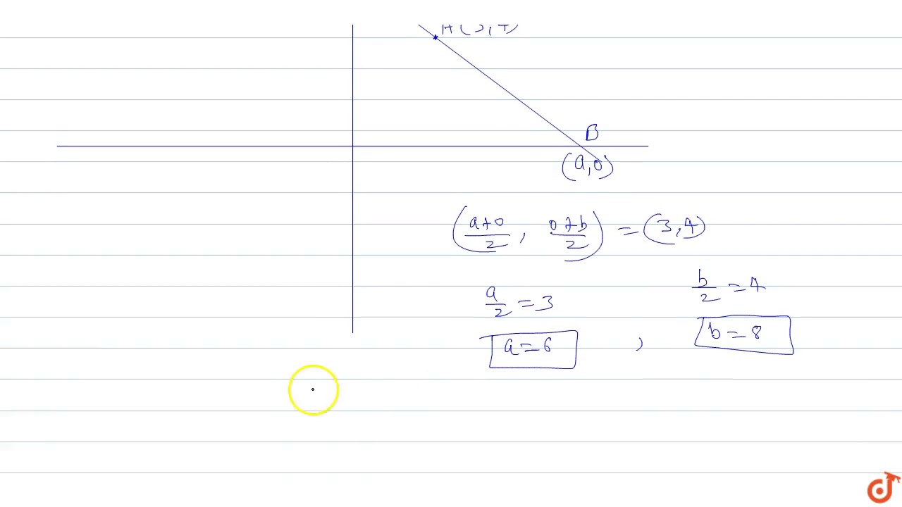 Watch video A straight line through the point A(3, 4) is such that its intercept between the axes is bisec... Now A straight line through the point A(3, 4) is such that its intercept between the axes is bisec...
