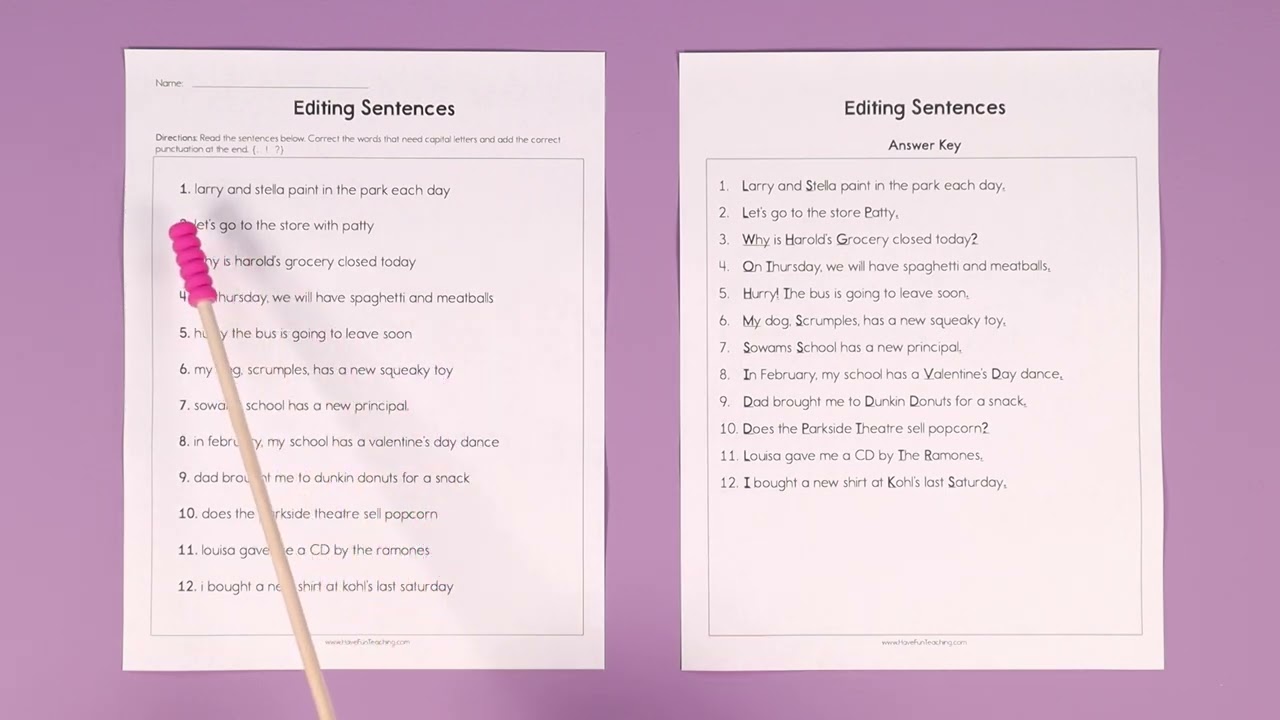 Editing Sentences Worksheet