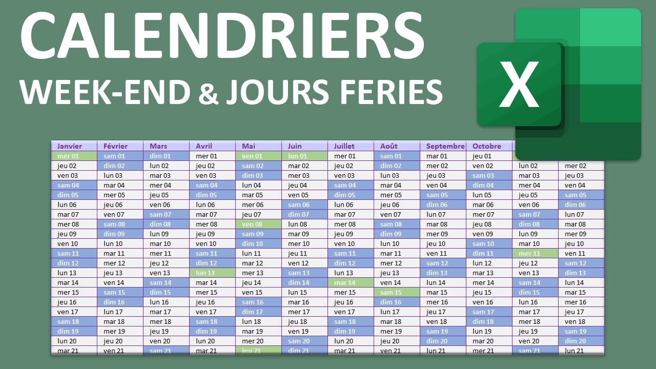 Calendrier Excel avec Week-End et jours fériés