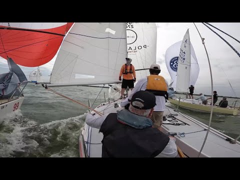 Intense J24 downwind battle, pit person POV, near misses at FWBC Regatta, Race 3, wind 18+kts Day 1