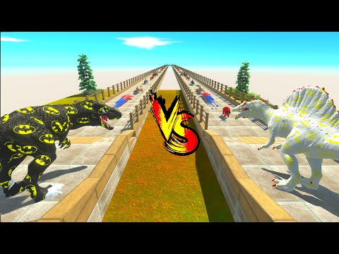 BATMAN T-REX vs BATGIRL SPINOSAURUS RACE BATTLE COMPETITION - Animal Revolt Battle Simulator ARBS