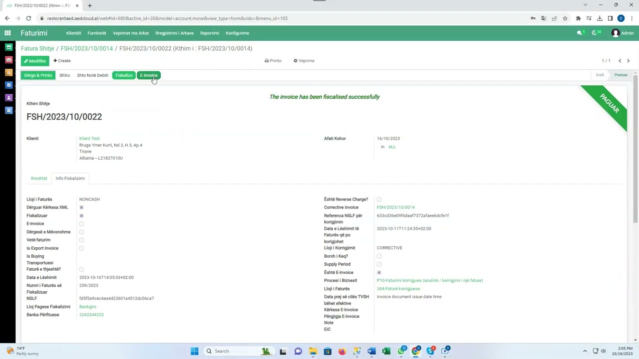Kthim i nje fature E Invoice
