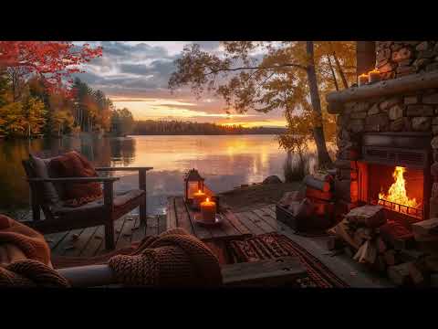 Autumn Sunset by the Lake | Crackling Fireplace & Candlelight Ambience