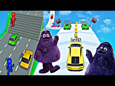 Grimace. Shape change shifting race vs Merge car Run. Satisfying Mobile Games