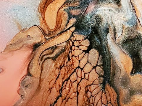 (194) Peach, Black, Metallic Triptych Ribbon Pour Blowout~ Acrylic Pouring contemporary art