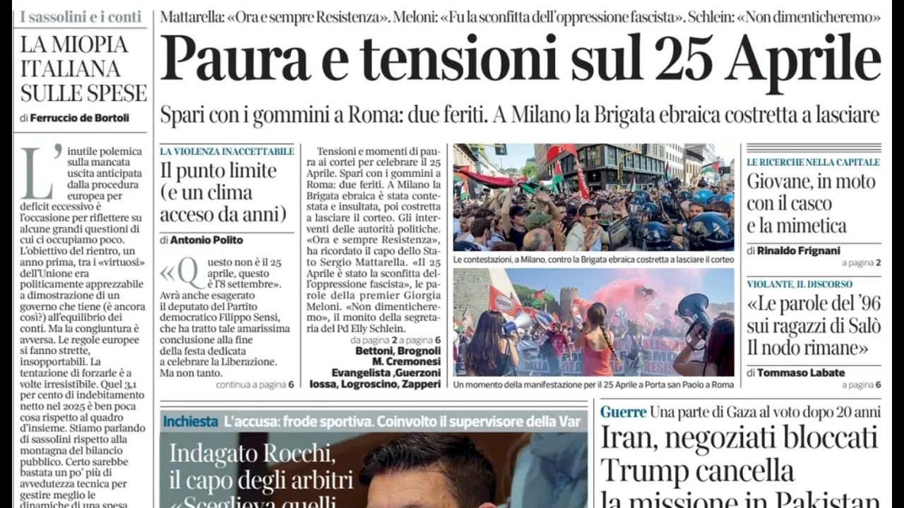 RASSEGNA STAMPA 26 APRILE 2026. QUOTIDIANI NAZIONALI ITALIANI  PRIME PAGINE DEI GIORNALI DI OGGI