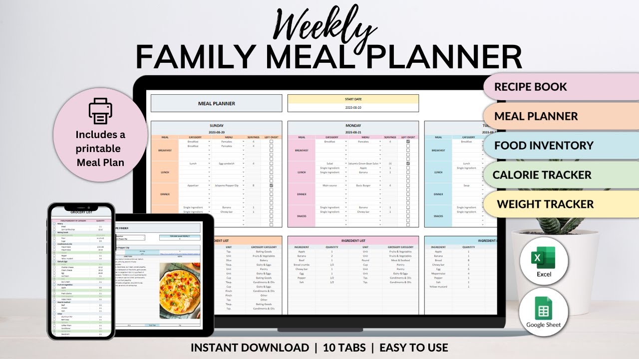 Weekly Family Meal Planner - Recipe Journal - Food Inventory - Weight Loss Planner - Grocery List