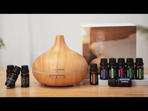 InnoGear Aromatherapy Diffuser & 10 Essential Oils Set, 400ml Diffuser Ultrasonic Diffuser Cool Mist Humidifier with 4 Timers 7 Colors Light Waterless Auto Off for Large Room Office, Dark Wood Grain - Watch Product Video