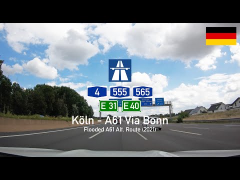 Driving in Germany: Flooded Autobahn A61 Alternative Route (A4, A555, A565) from Cologne via Bonn