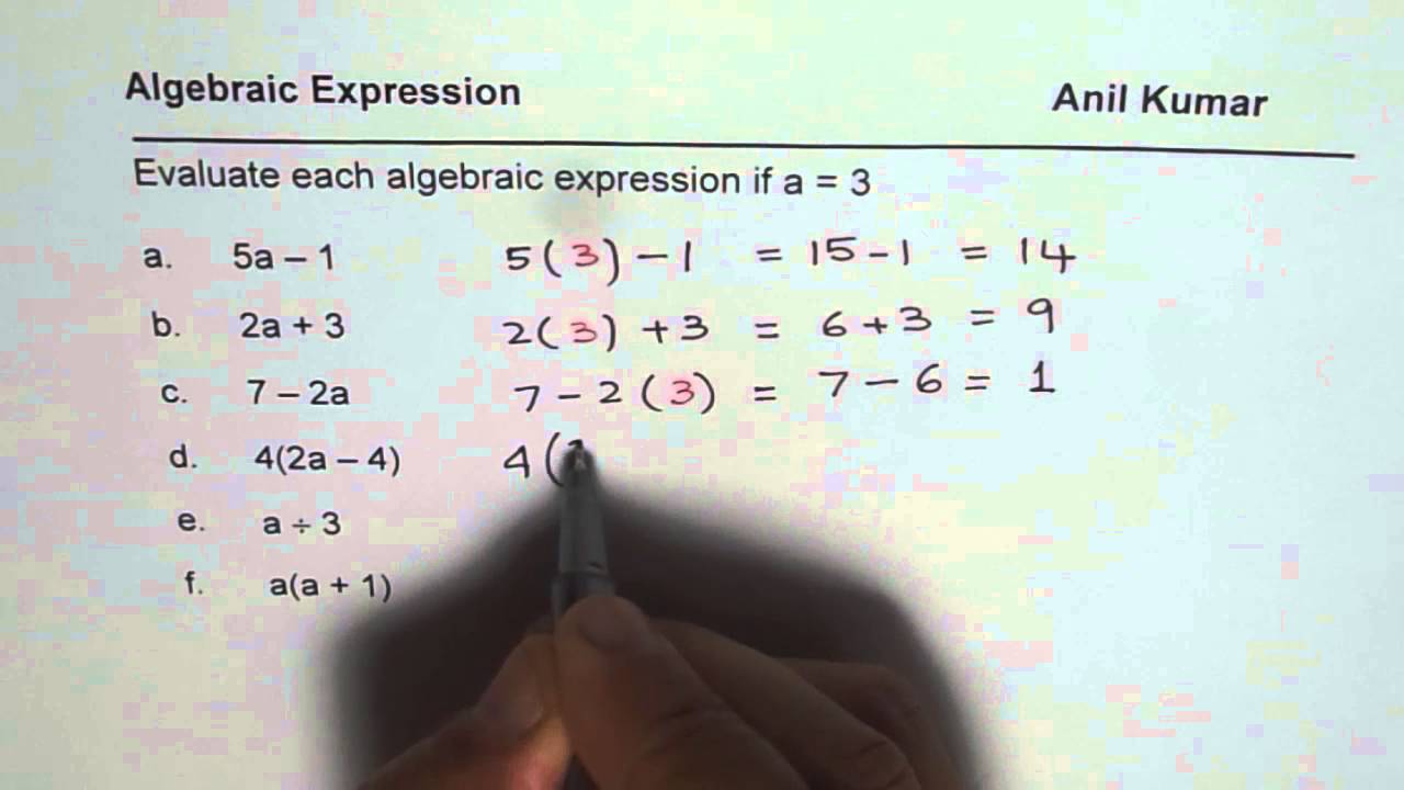 Practice Worksheet to Evaluate Algebraic Expressions