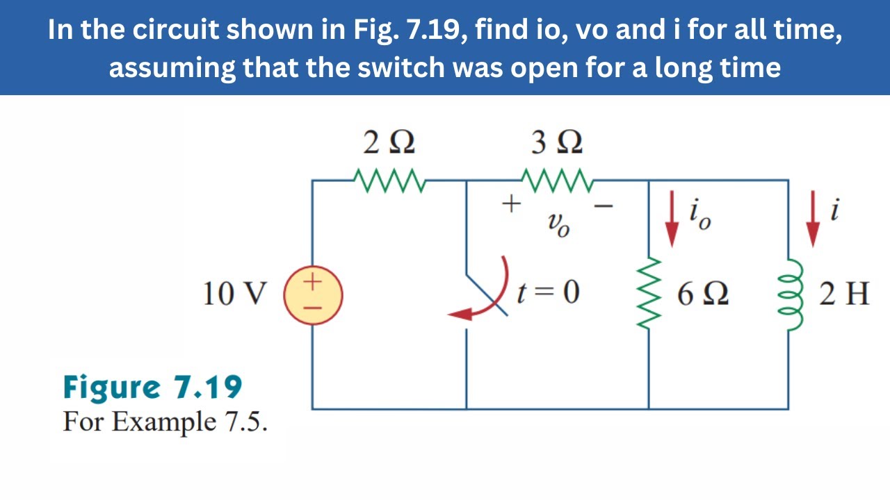 Example 7.5 | Fig 7.19 find io, vo & i, & the switch was open for a long time | FEC 4th Edition
