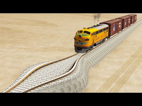 Impossible Weird Wide Rail Wave Tracks Vs Trains Crossing Giant Pit - BeamNG.Drive