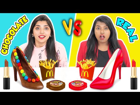 REAL VS CHOCOLATE FOOD CHALLENGE | RAMYA VASUDEV