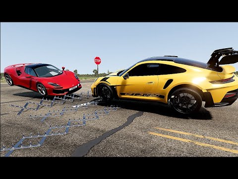 Massive Spike Strip High Speed Realistic Car Crashes #7 BeamNG Drive
