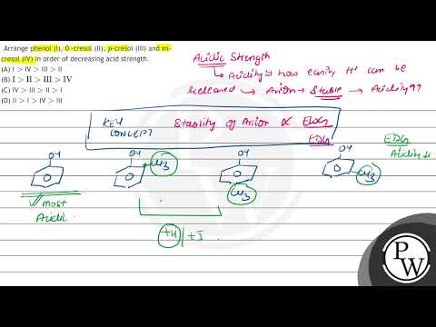 Arrange phenol (I), 0 -cresol (II), \( p \)-cresol (III) and \( m \)-cresol (IV) in order of dec...