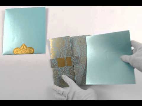 D-2453, Blue Color, Shimmery Finish Paper, Designer Multifaith Invitations, Card with Rhinestones