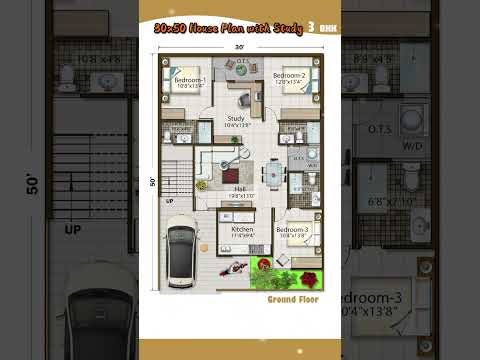 35’× 50’ House Plan,  3 BHK, 3 Bath+ Study & Car  Parking, 35 by 50 , 35*50 Home Design