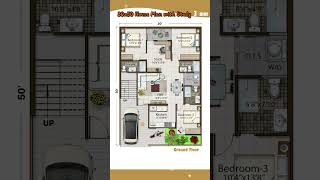 35’× 50’ House Plan,  3 BHK, 3 Bath+ Study & Car  Parking, 35 by 50 , 35*50 Home Design
