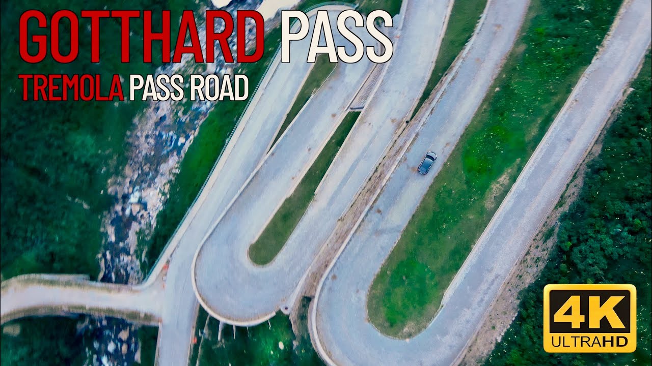 Driving on the Gotthard Pass / St. Gotthard Pass. 4K aerial drone Video