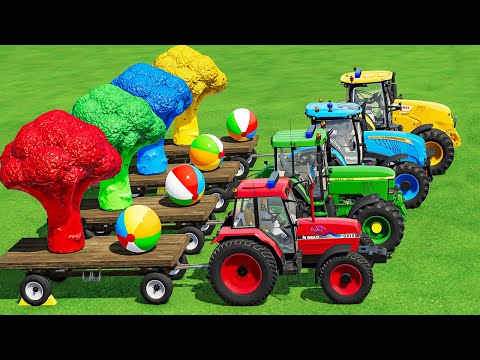 JOHN DEERE & CASE & LAMBORGHINI TRACTORS TRANSPORTING CHALLENGE WITH GIANT BROCCOLI AND WATER BALL!