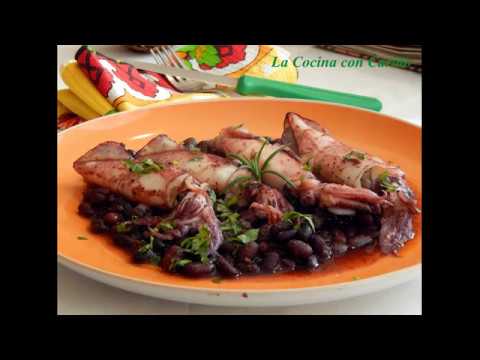 Como hacer Chipirones al horno con Frijoles negros, Receta