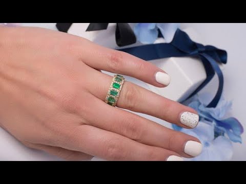 Halo Green Emerald and Diamond Eternity Band Ring in 18k Yellow Gold | Artisan Carat