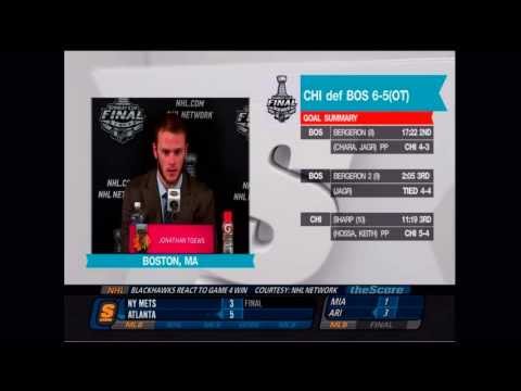 Jonathan Toews dissects Zdeno Chara after Chicago's Game 4 overtime win
