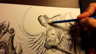 Drawing a demon killing an angel with pencils.
