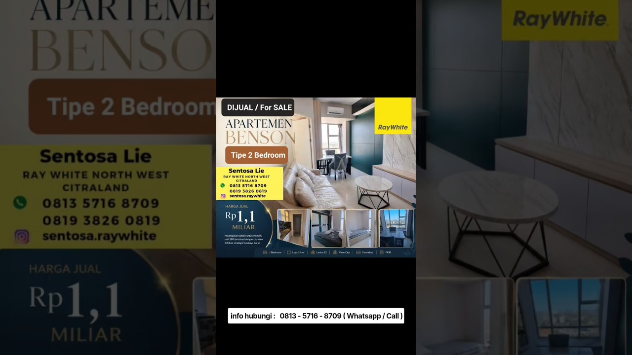 Kondisi New Baru Dijual Apartemen Benson Tipe 2 Bedroom Bonus Full Furnished Baru Gress - Lantai 22 - Siap Huni Selangkah ke Pakuwon Mall, Supermall, Ptc, Sma Petra 1, Sampoerna Academy School