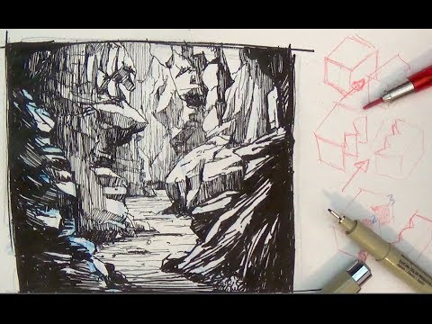 Pen and Ink Drawing Tutorials | How to draw a Valley Gorge landscape scenery