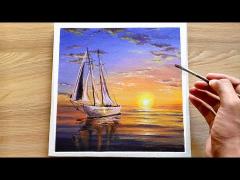 Sailboat in sunset Painting/Acrylic Painting tutorial for beginners/Day:209