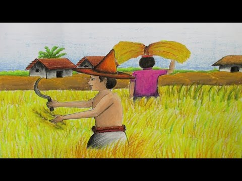 How to Draw a Village Landscape where farmers harvesting paddy on fields | Episode 12