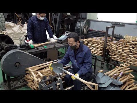 Mass Production Process of Making Wooden Shovels. Steel Plate Factory in Korea.