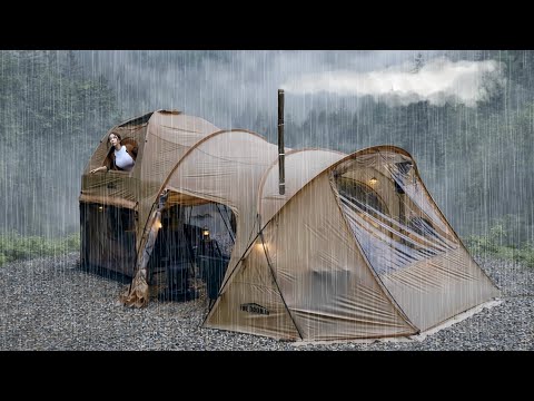 Camping in the rain in a two story luxury tent even money cant't buy . rain ASMR