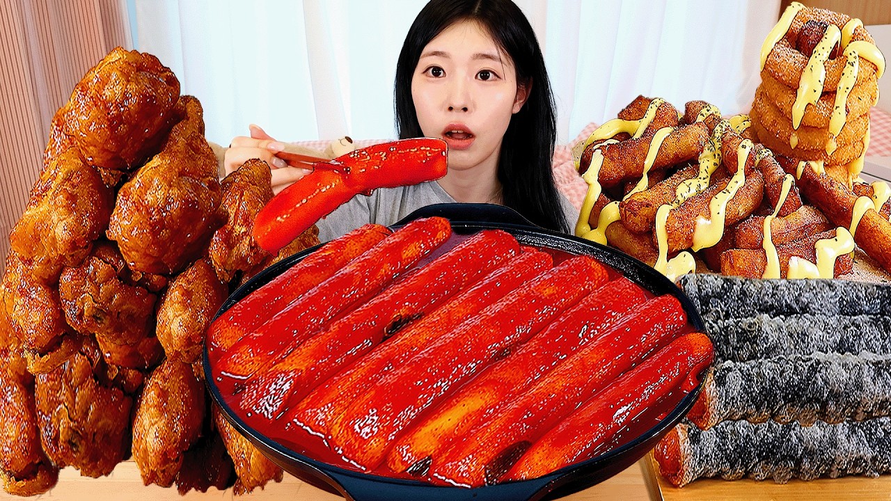 ASMR MUKBANG| 직접 만든 가래떡 떡볶이 허니콤보 양념치킨 김말이 튀김 먹방 & 레시피 FRIED CHICKEN AND Tteokbokki E