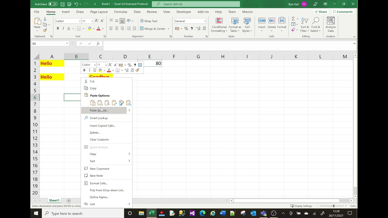 MS Excel tutorial on copy and paste options.