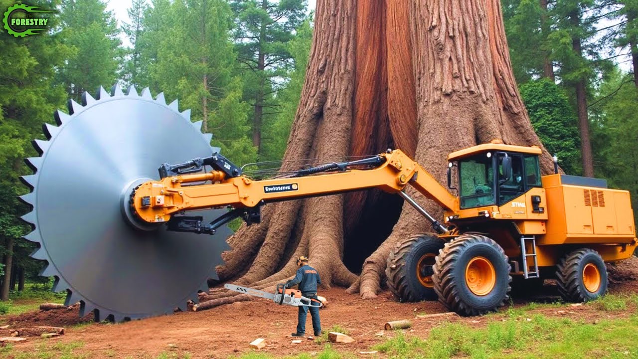 Machines de coupe d'arbres à tronçonneuse extrêmement dangereuses et rapides | Pelle Monster Stum...