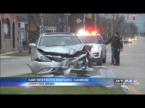 Historic cannon in downtown Girard hit by car, destroyed