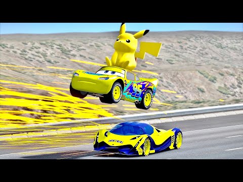 Lightning McQueen Pikachu Edition vs Devel Sixteen Yellow Edition at Drag Race 20 KM