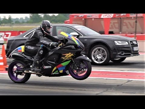 Audi S8 vs Audi RS6 vs Suzuki Hayabusa - 1/4 Mile Drag Race