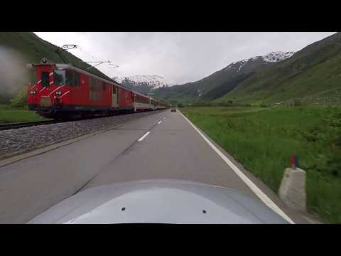 Swiss train crossing on the Oberalp Pass