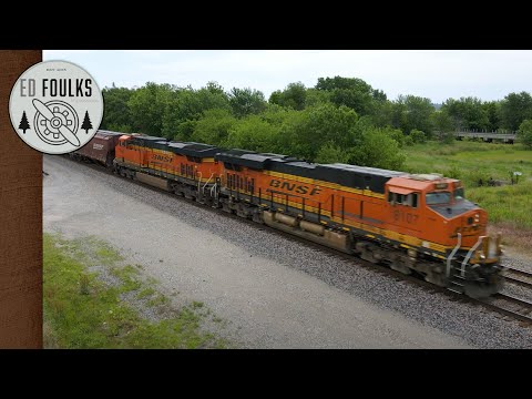 A westbound grainer in a 2 x 1 configuration pulls away from Henrietta