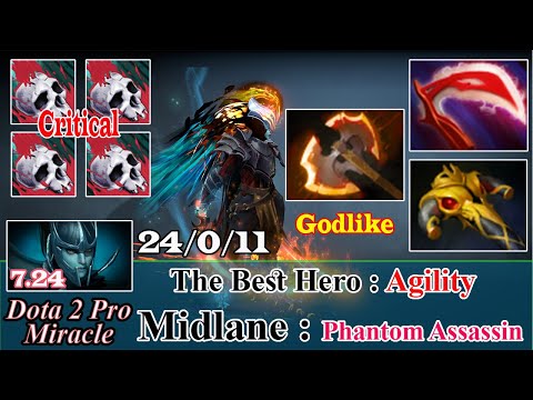 Phantom Assassin Midlane Godlike 24 Kill - Dota 2 Pro Miracle Spotlight Gameplay Patch 7.24 -Dota 2