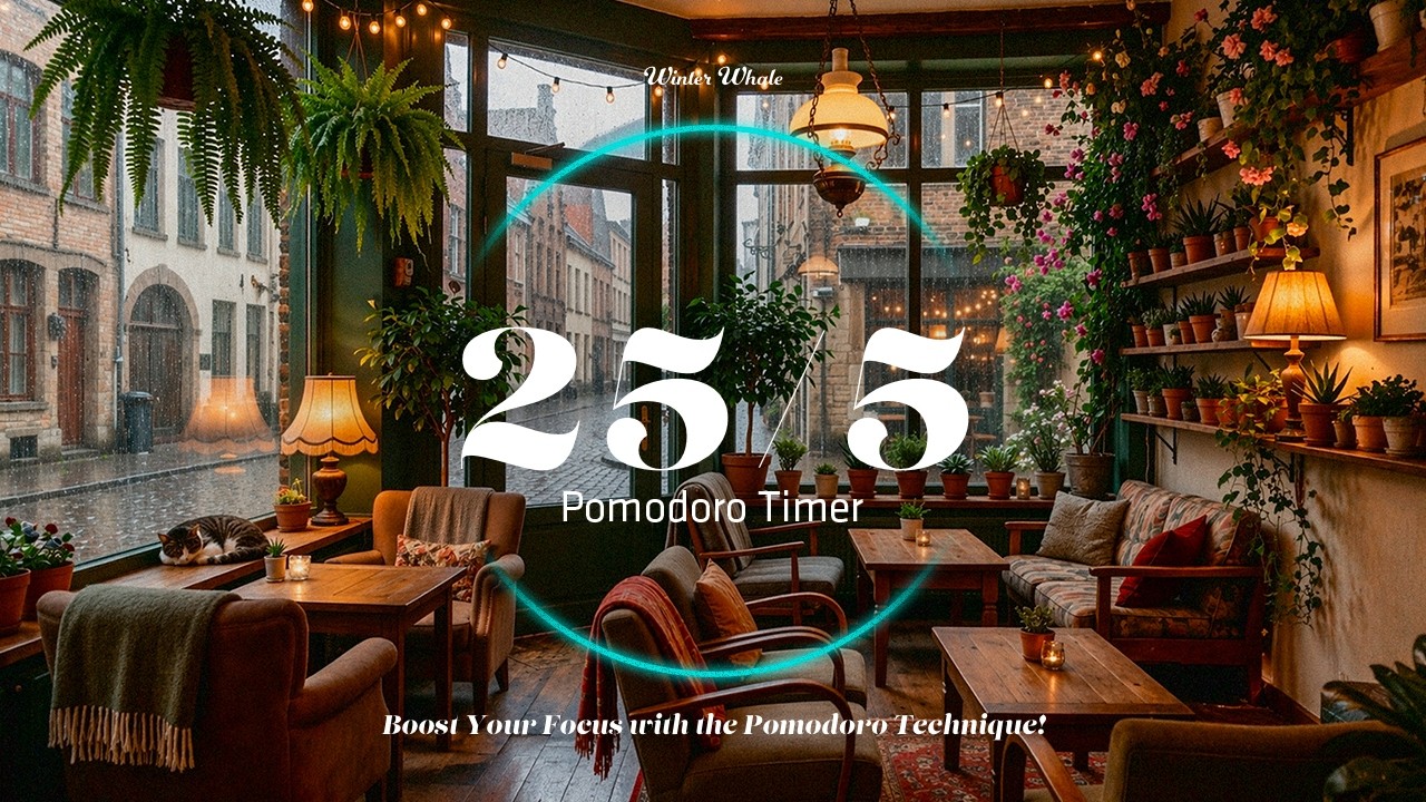 25/5 Pomodoro Timer - Cozy Rainy Cafe Ambience for Deep Focus & Study | 뽀모도로, 카페 앰비언스