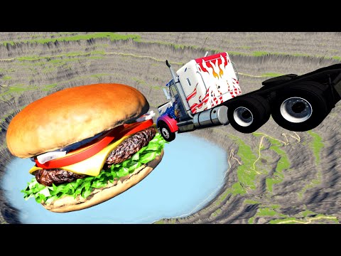 Jump Cars into the quarry with Hamburger! - BeamNG.Drive